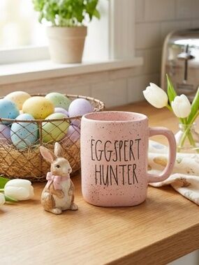 Rae Dunn Ceramic Easter Pink Speckled Large Letter Coffee Mug Eggspert Hunter